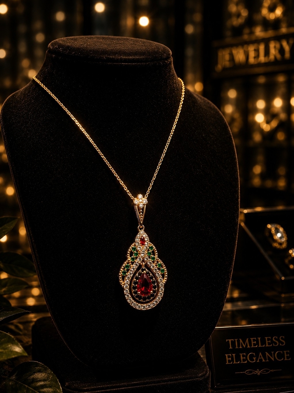 Gold-Tone Necklace with Red Teardrop & Green Accents